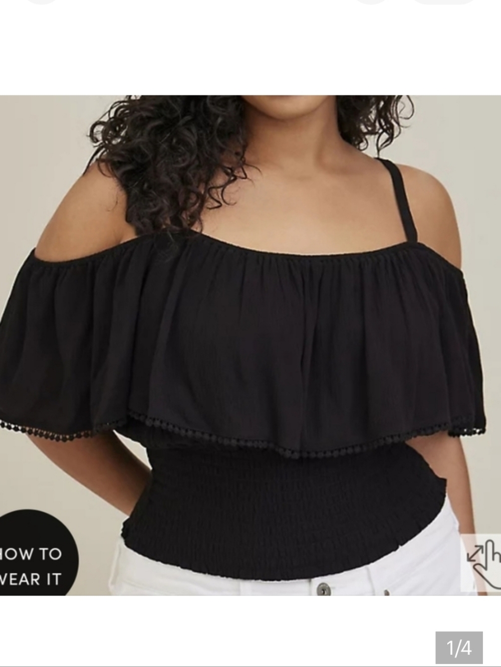 🆕️ BLACK  RUFFLE COLD SHOULDER CROP TOP - CRINKLE GAUZE